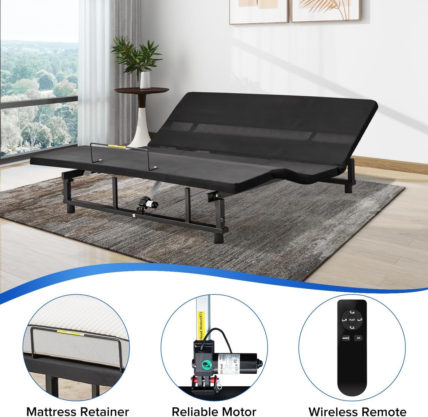 Donext Adjustable Bed Base, King Bed Frame, Independent Head and Foot Incline, Quiet Motor, Wireless Remote Control, Electric Bed Base, Black