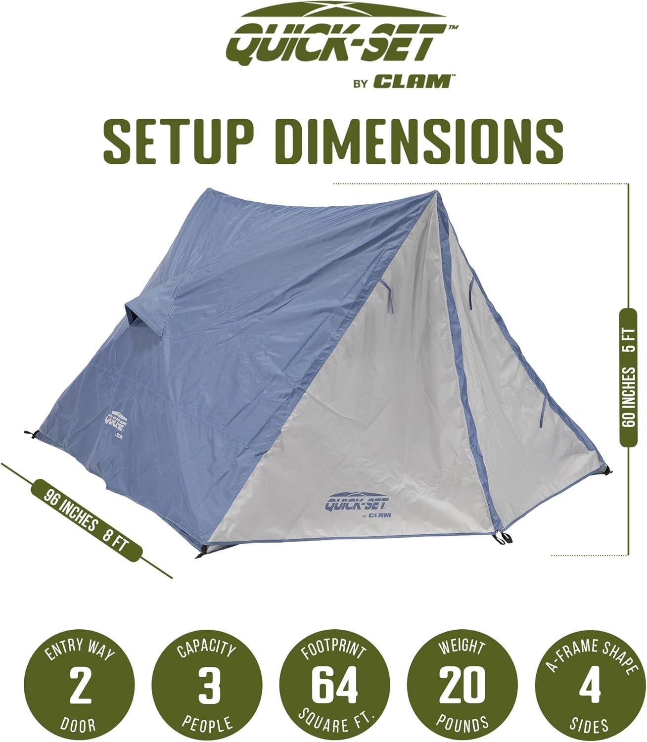 CLAM Quick-Set Apex A-Frame Tent, 8 x 8 Foot Portable Pop Up Tent Outdoor, 3 Person Camping Shelter with 2 Entry Doors & Rain Fly, Blue/Gray