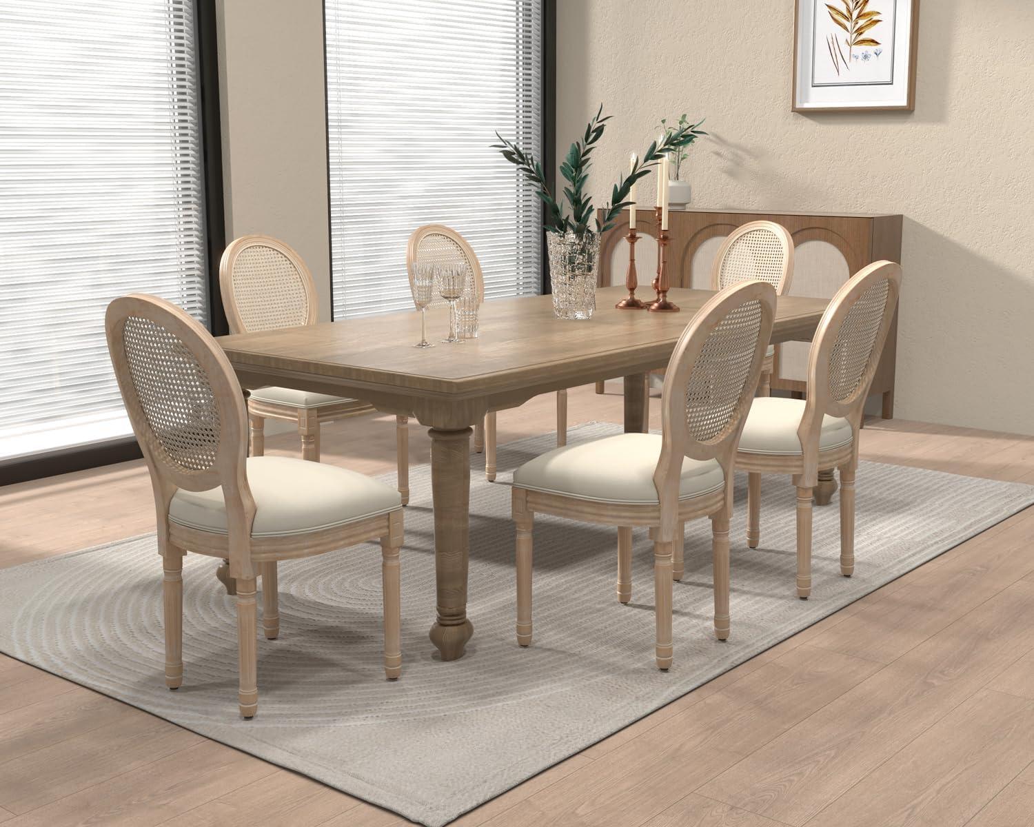 One Allium Way® French Style Rattan Back Solid Wood Upholstered Dining Chairs(Set of 6)