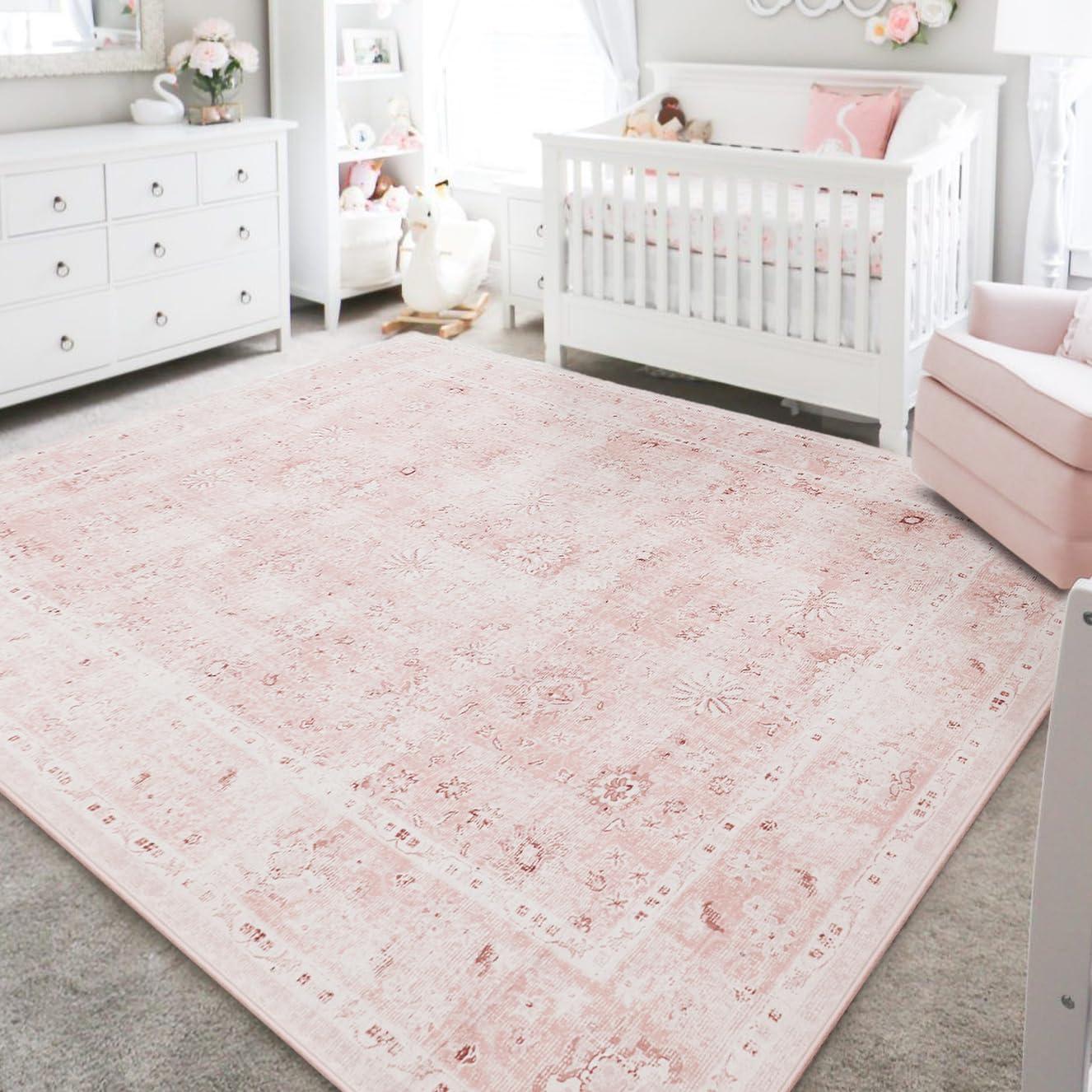 LIMON HOME Light Pink Nursery Area Rug 6x9 for Bedroom Girls,Washable Baby Blush Pink Boho Floral Rug,Super Soft Faux Wool Machine Washable Carpet Area Rugs for Kids Room Playroom
