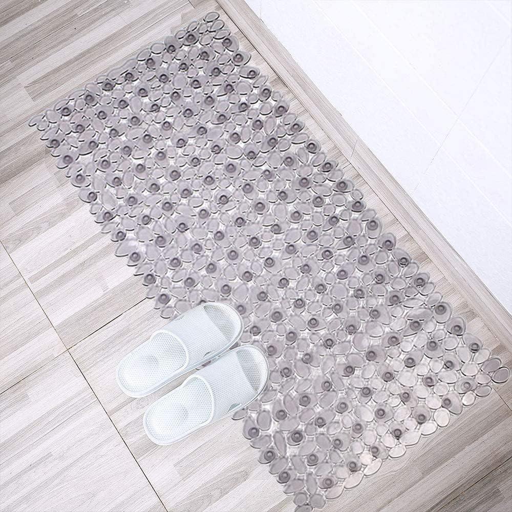 Gray PVC Pebble Bath Mat with Suction Cups and Drain Holes, 35x16 Inches