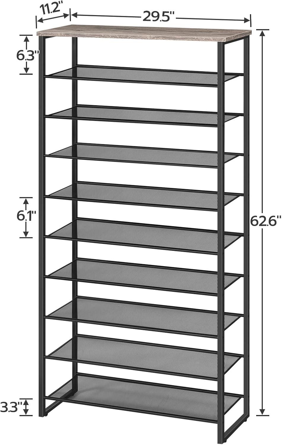 Greige and Black 10-Tier Industrial Shoe Rack with Metal Shelves