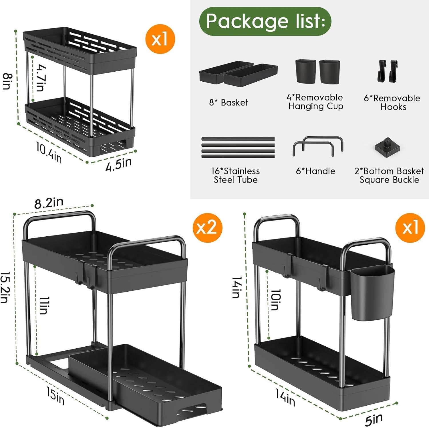 4 Pack Under Sink Organizer And Storage - Stackable 3 Size 2 Tier Bathroom Under The Sink Organizers Multi-Usage Kitchen Cabinet Organizers And Storage Sink Bath Shelf Baskets