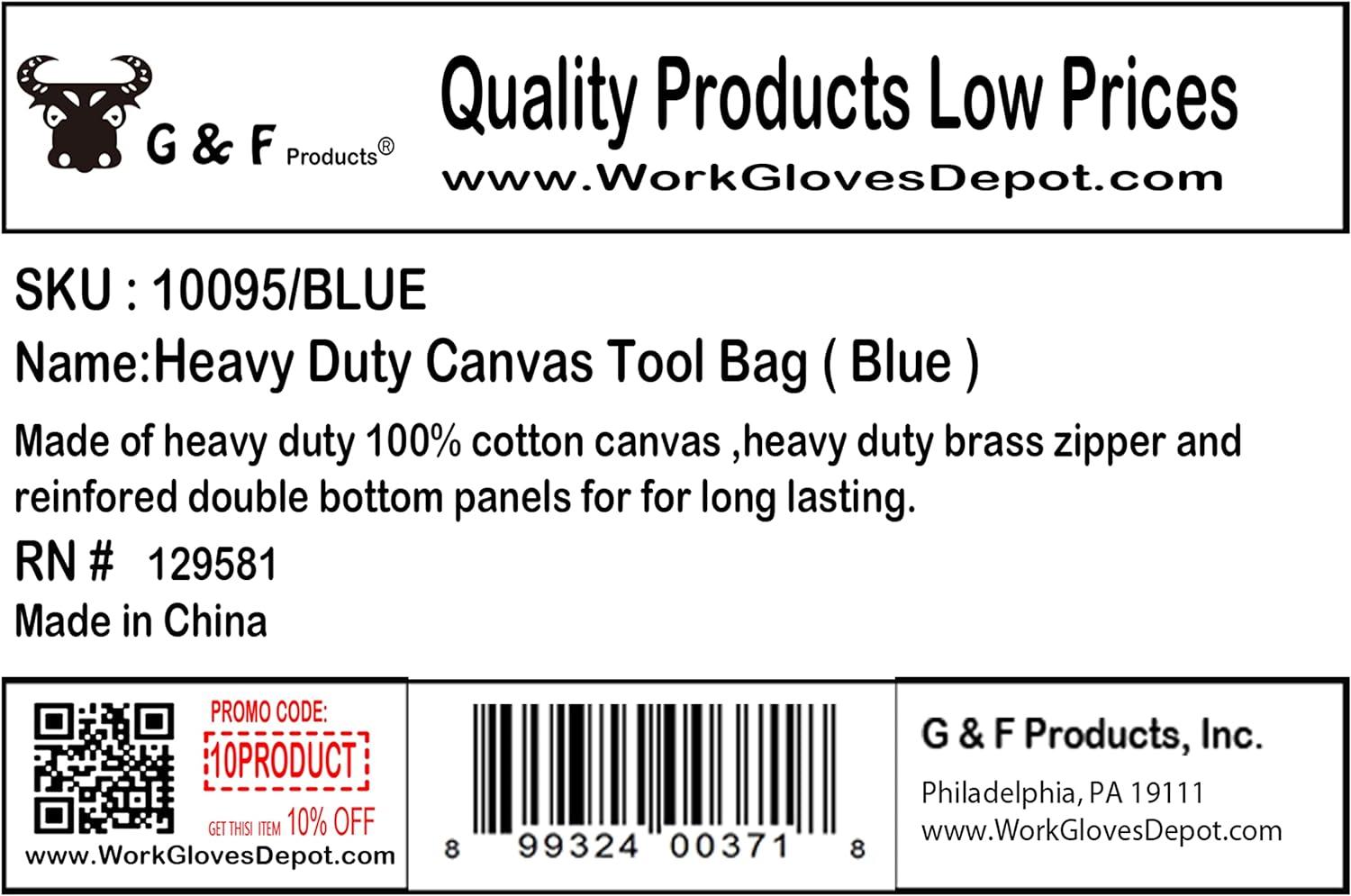 G & F Products New Tool Bag, Mechanics Style, Brass Zipper, Side Pockets, Grey, 11 Inch Long, 1 Pack