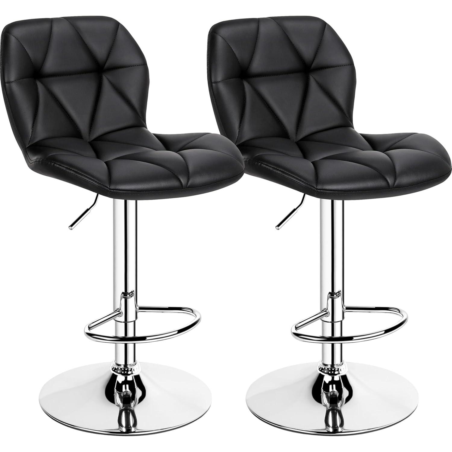 Modern Black Faux Leather Adjustable Swivel Bar Stools, Set of 2