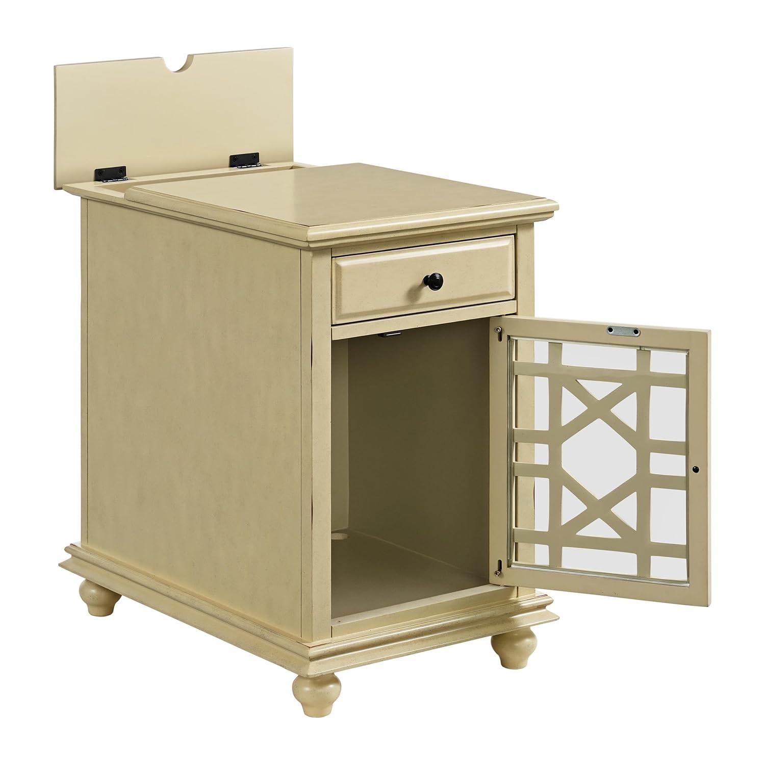 Chairside Table with 1 Drawer and 1 Trellis Door, Antique White- Saltoro Sherpi