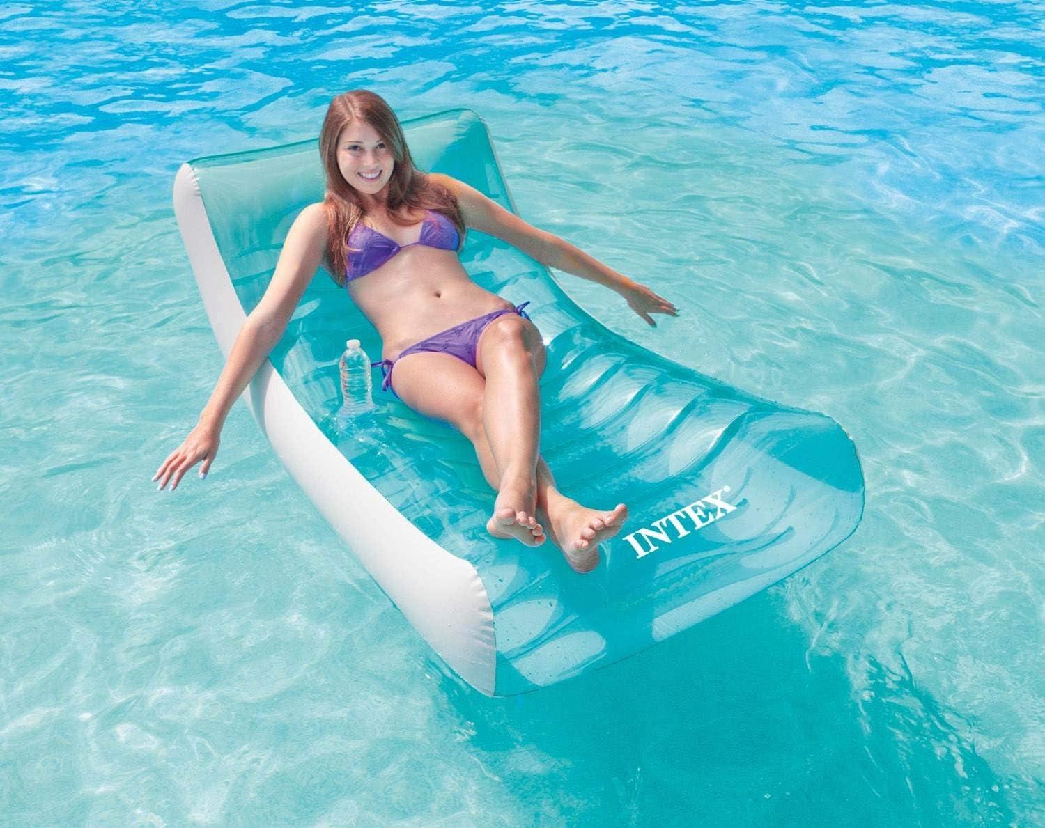 Ice Blue and White Inflatable Pool Lounger with Cup Holder