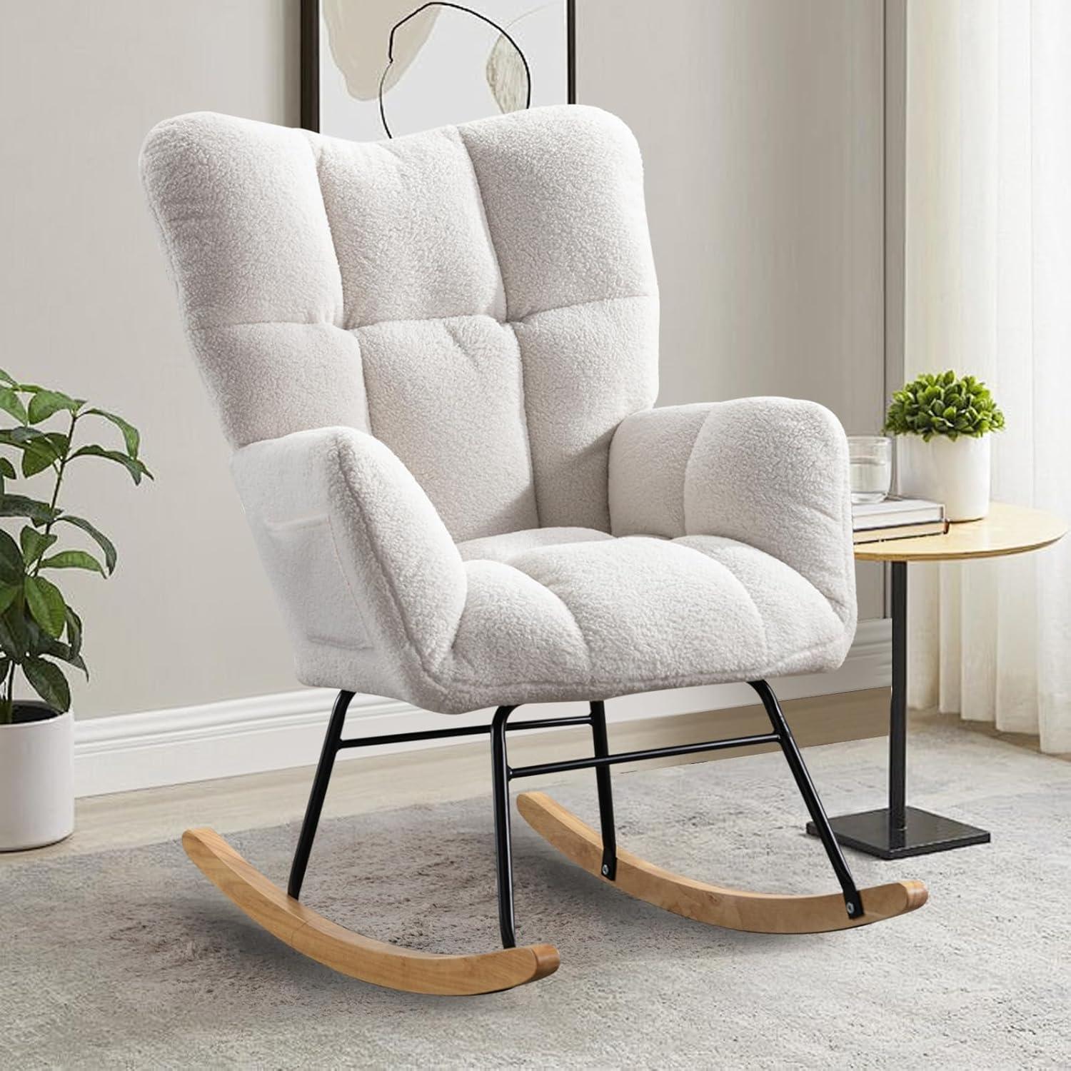 Nursery Rocking Chair Teddy, Upholstered Glider Rocker with High Backrest, Comfortable Stylish Accent Armchair with Padded Seat for Living Rooms, Bedrooms, Offices