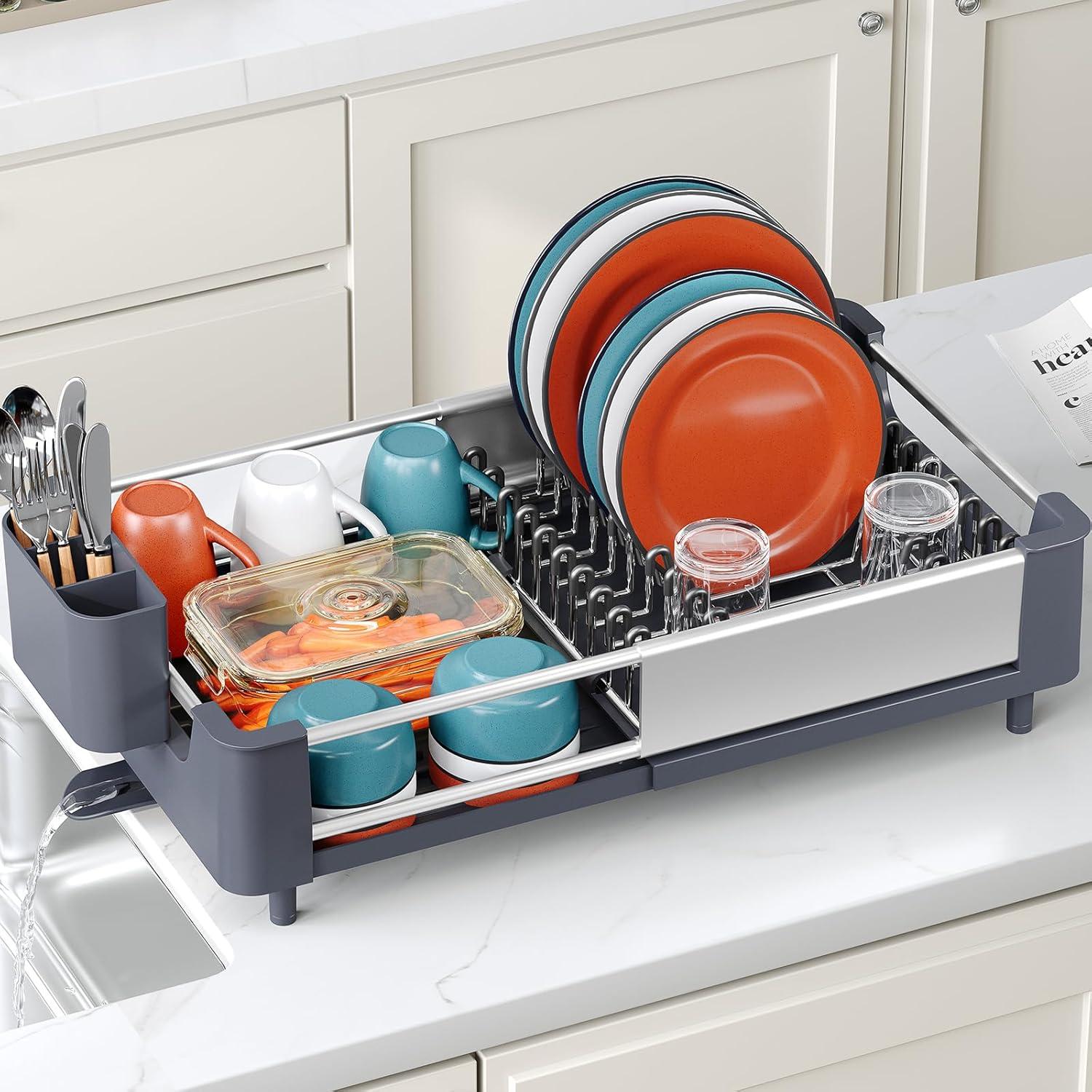 TOOLF Extendable Dish Rack, Dual Part Dish Drainers with Non-Scratch and Movable Cutlery Drainer and Drainage Spout, Adjustable Dish Drying Rack for Kitchen, 1 Piece White