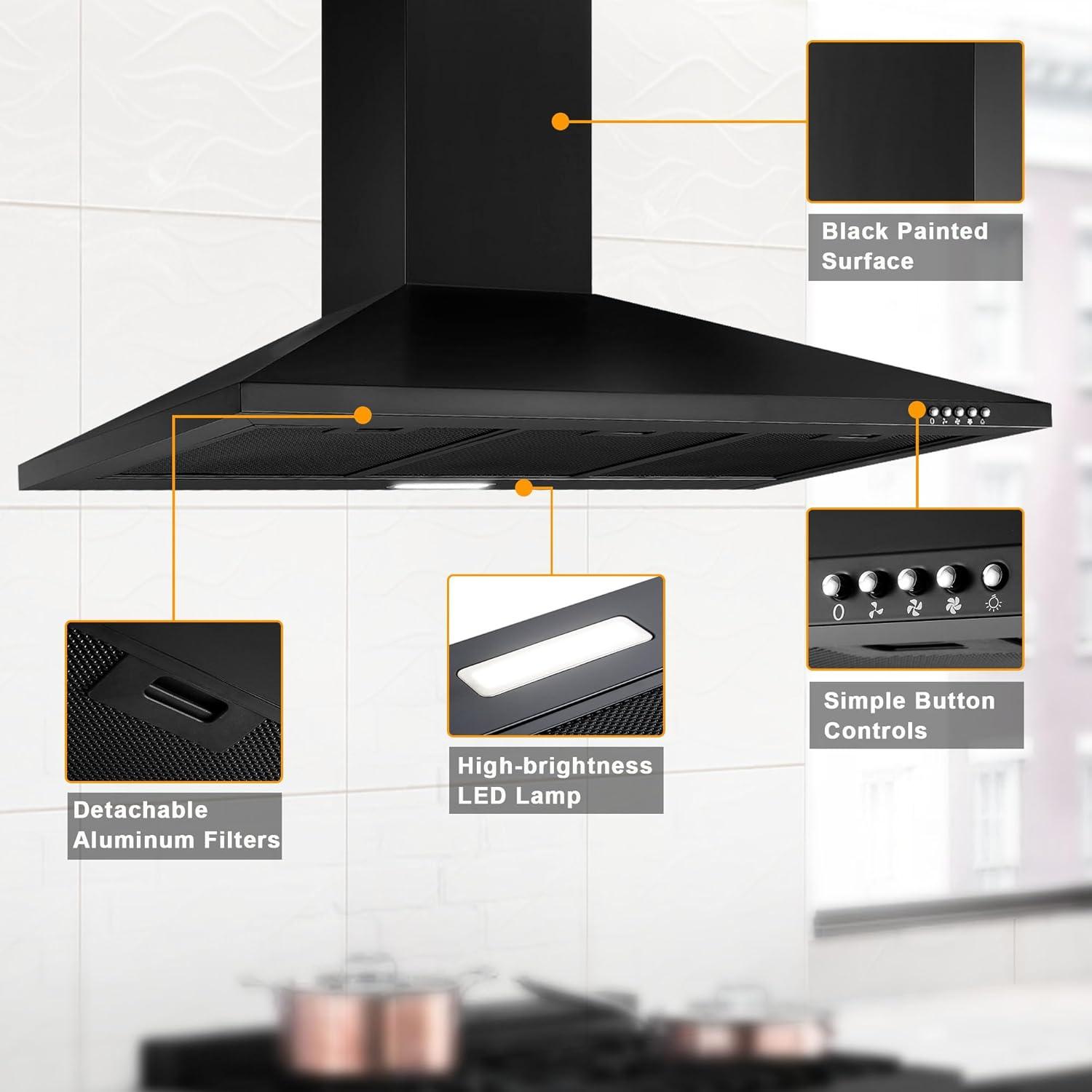 36 Inch Black Range Hood, 450 CFM Stainless Steel Wall Mount Kitchen Hood with Ducted Ductless Convertible, Button Control Over Stove Vent Hood with 3 Speed Noiseless Fan, LED Light (450CFM)