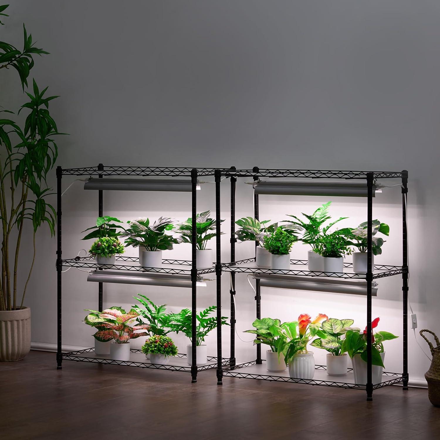 Black Metal 6-Tier Plant Stand with Grow Lights and Wheels