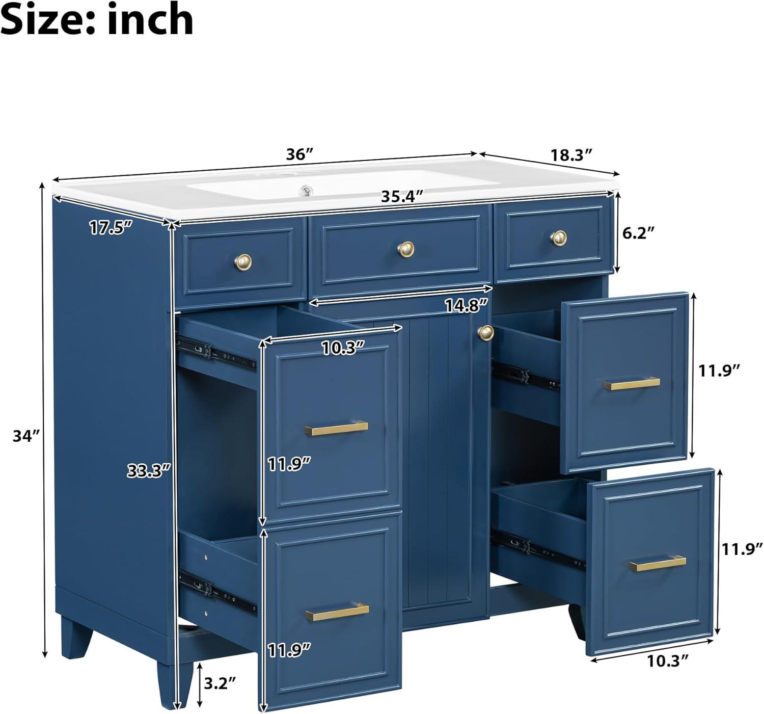 Miekor Furniture 36" Bathroom Vanity Cabinet with Sink Top Combo Set, Navy Blue, Single Sink, Shaker Cabinet with Soft Closing Door and Drawer W5UE-1