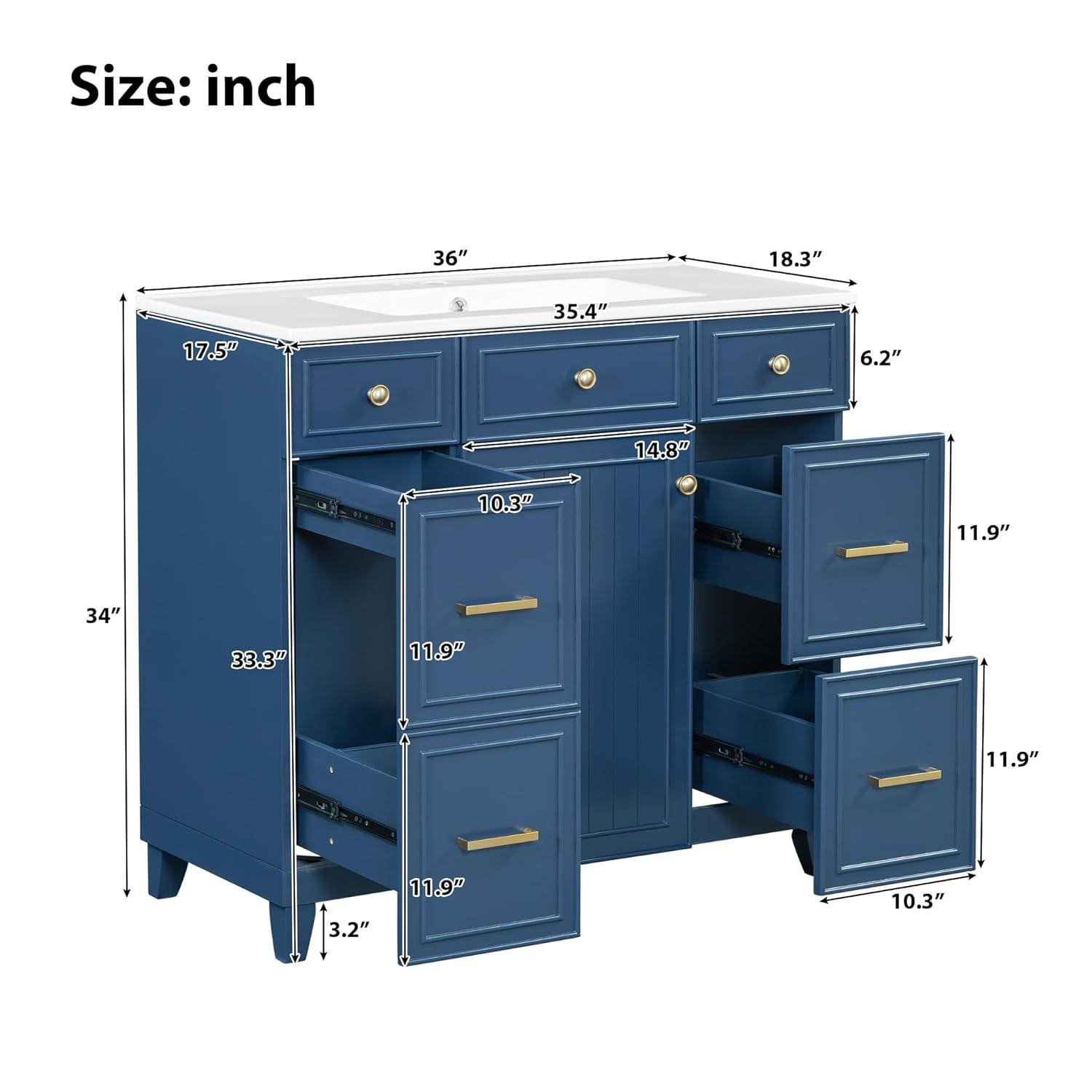 Miekor Furniture 36" Bathroom Vanity Cabinet with Sink Top Combo Set, Navy Blue, Single Sink, Shaker Cabinet with Soft Closing Door and Drawer W5UE-1