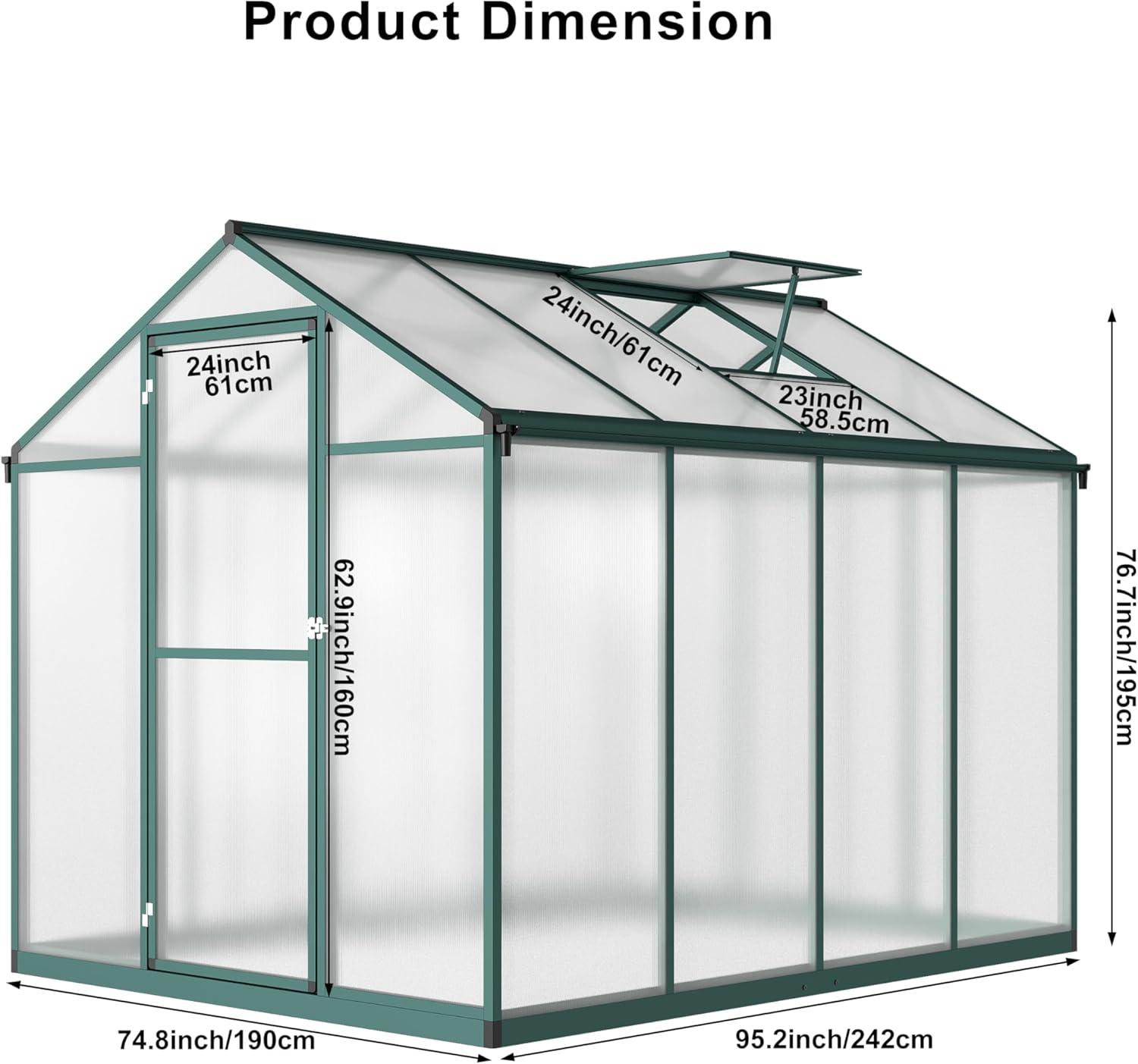 6.25 x 6 Ft Greenhouse for Outdoors, Aluminum Alloy & Polycarbonate Green House with Windows Vent, for Patio, Backyard, Garden,Green