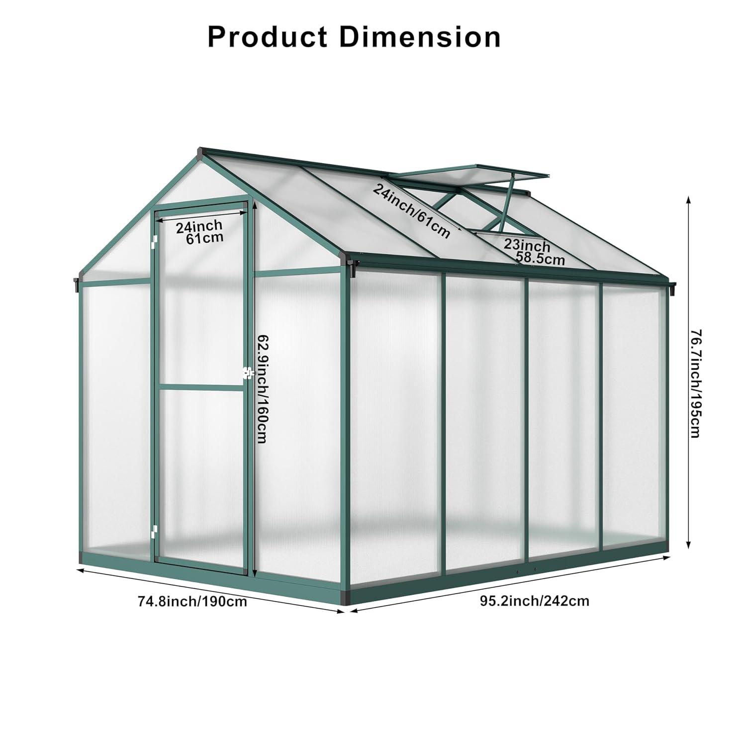 6.25 x 6 Ft Greenhouse for Outdoors, Aluminum Alloy & Polycarbonate Green House with Windows Vent, for Patio, Backyard, Garden,Green