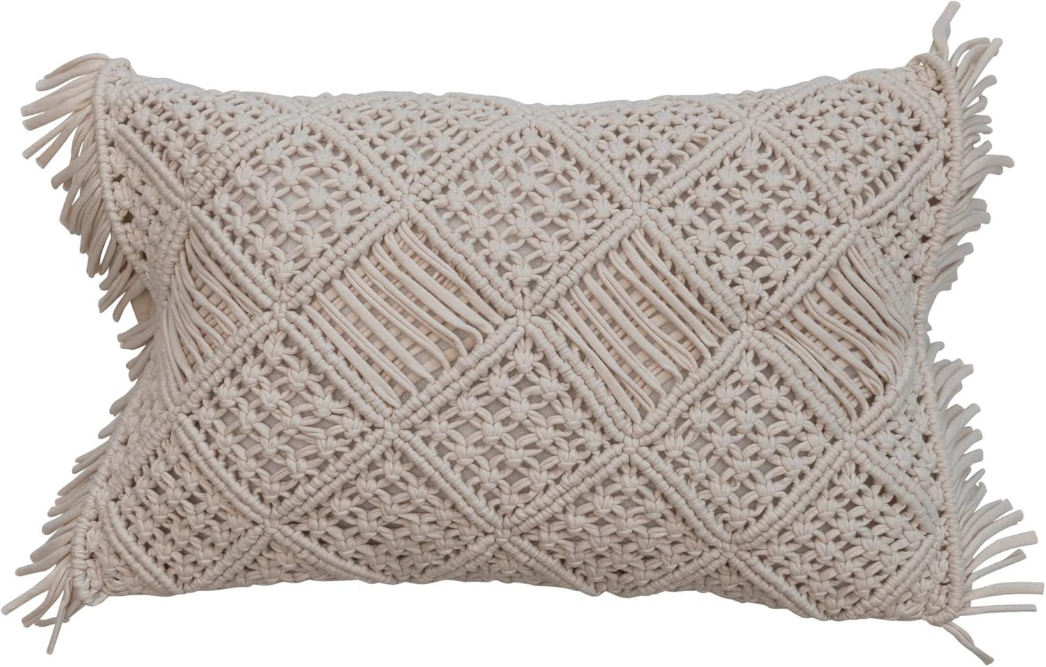 Ivory Handwoven Cotton Macramé Lumbar Pillow with Fringe