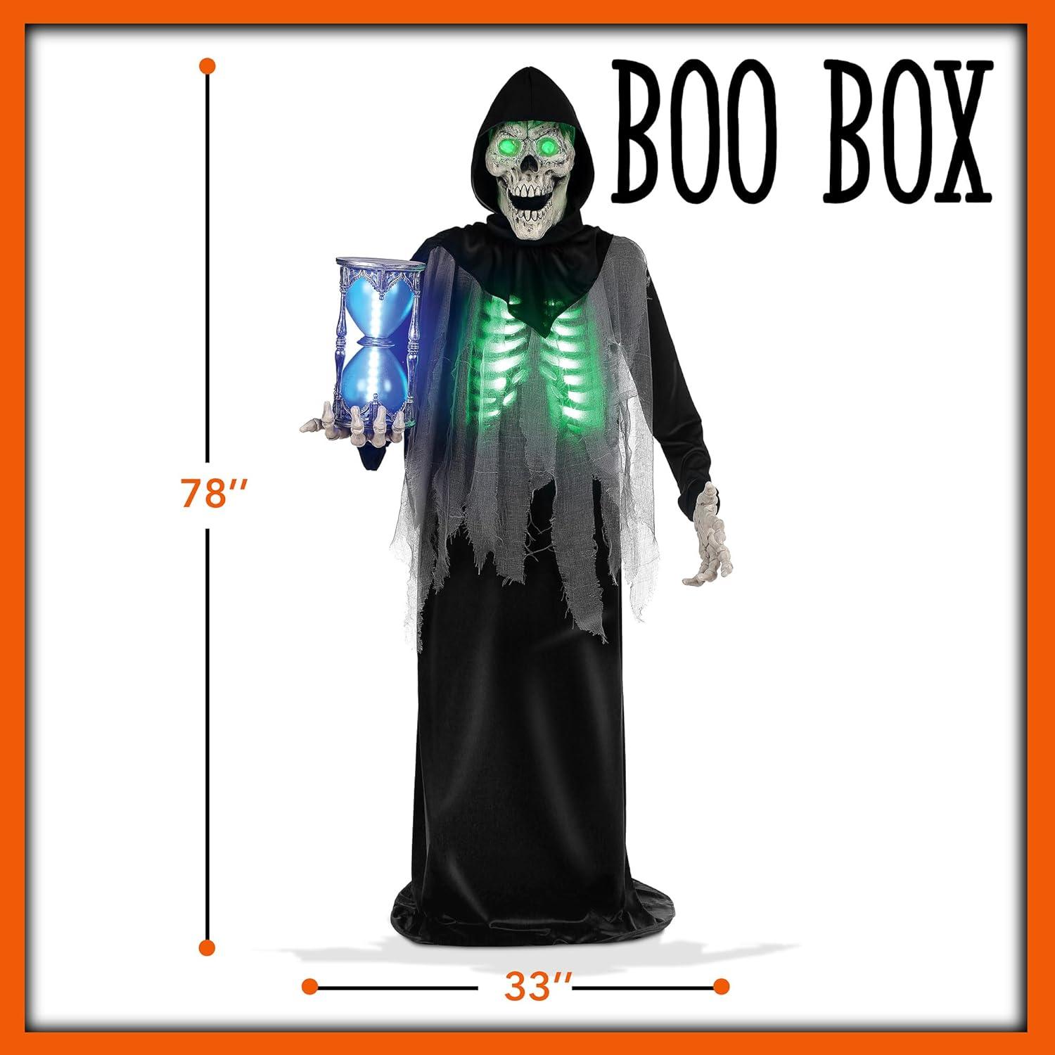 BOO BOX 6.5ft Halloween Animatronic Grim Reaper, Mr. Grim Outdoor Halloween Decoration Standing Poseable Figure, Sound and Motion Activated