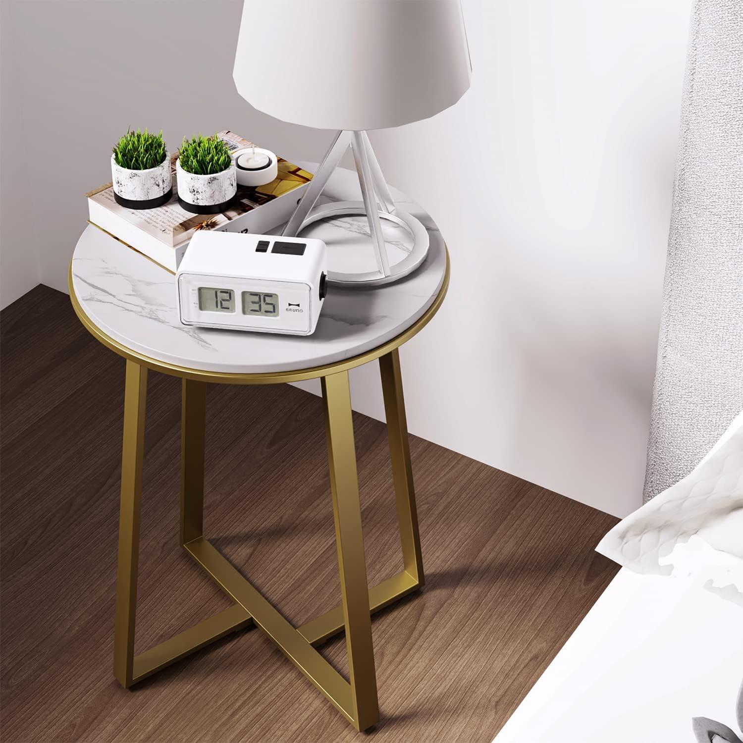 Round Small End Table White Marble Texture MDF Top,Metal Frame Gold Color, Tall Coffee Tea End Table for Bed Room, Living Room (White Marble+Gold)