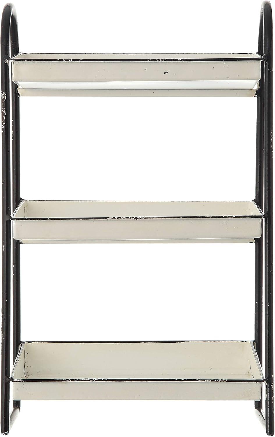 Storied Home 3-Tier Metal Tray with Black Frame and Rim Heavily Distressed White: Fixed Shelves, No Assembly Required