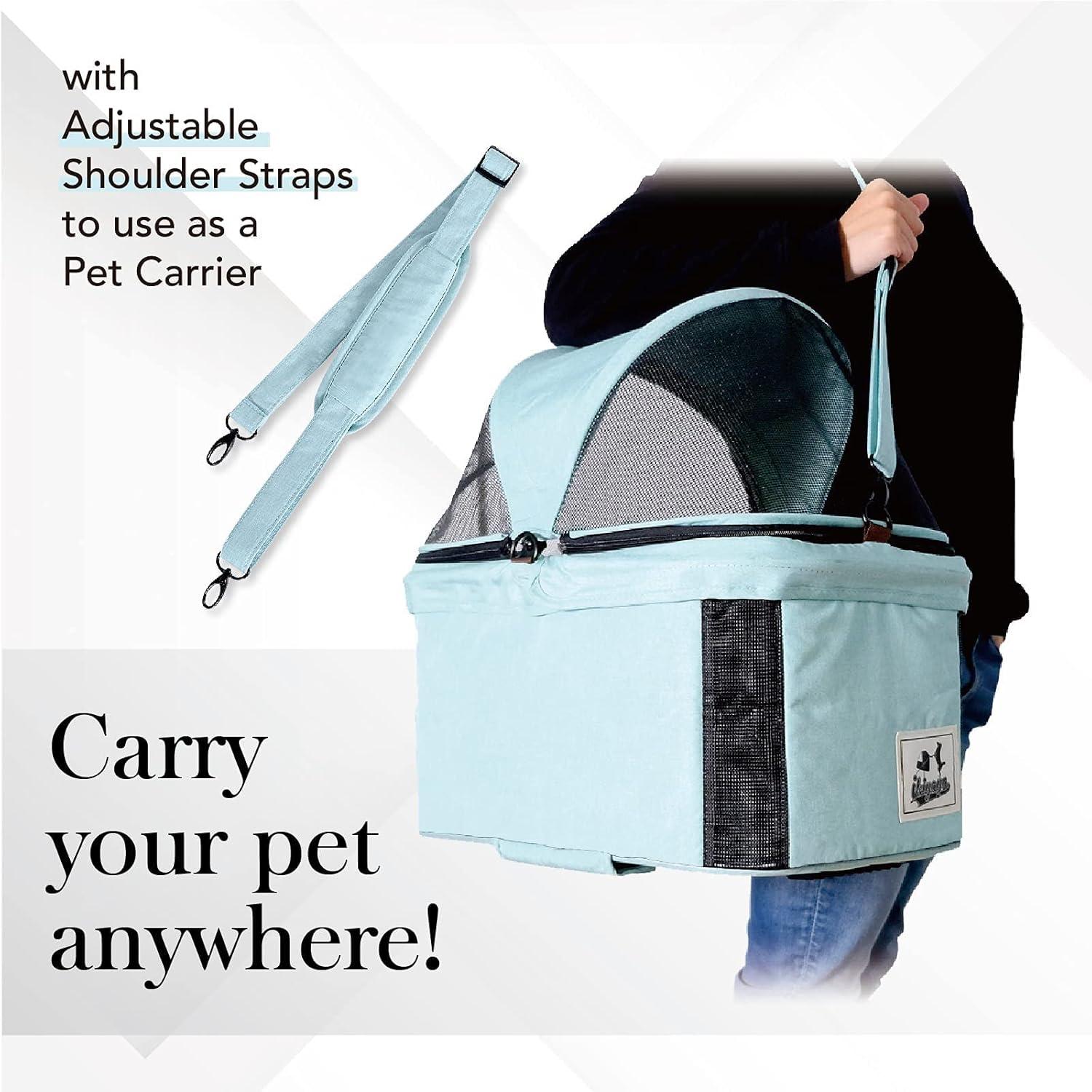 Travois Tri-fold Pet Travel System 3-in-1 Detachable Pet Stroller-Carrier for Small to Medium-Sized Dogs & Cats, Spearmint