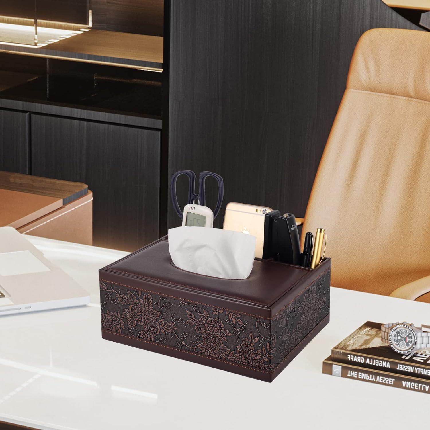 Multifunction PU Leather Tissue Box Holder/Cover Rectangular Upgrade Large Size Stationery Napkin Remote Control Storage Box,Facial Tissue Dispenser Organizer Caddy Home Office Supplies (Retro)