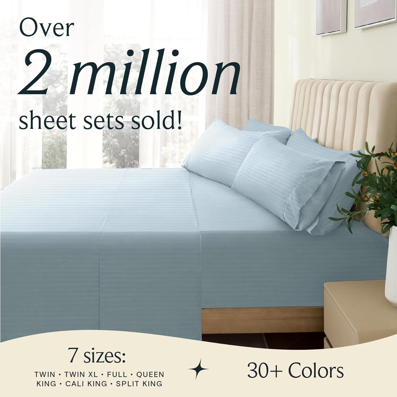 LuxClub 6 PC Light Blue King Microfiber Striped Performance Sheet Set, Soft Cooling Eco-Friendly Bed Sheets with 18in Deep Pockets