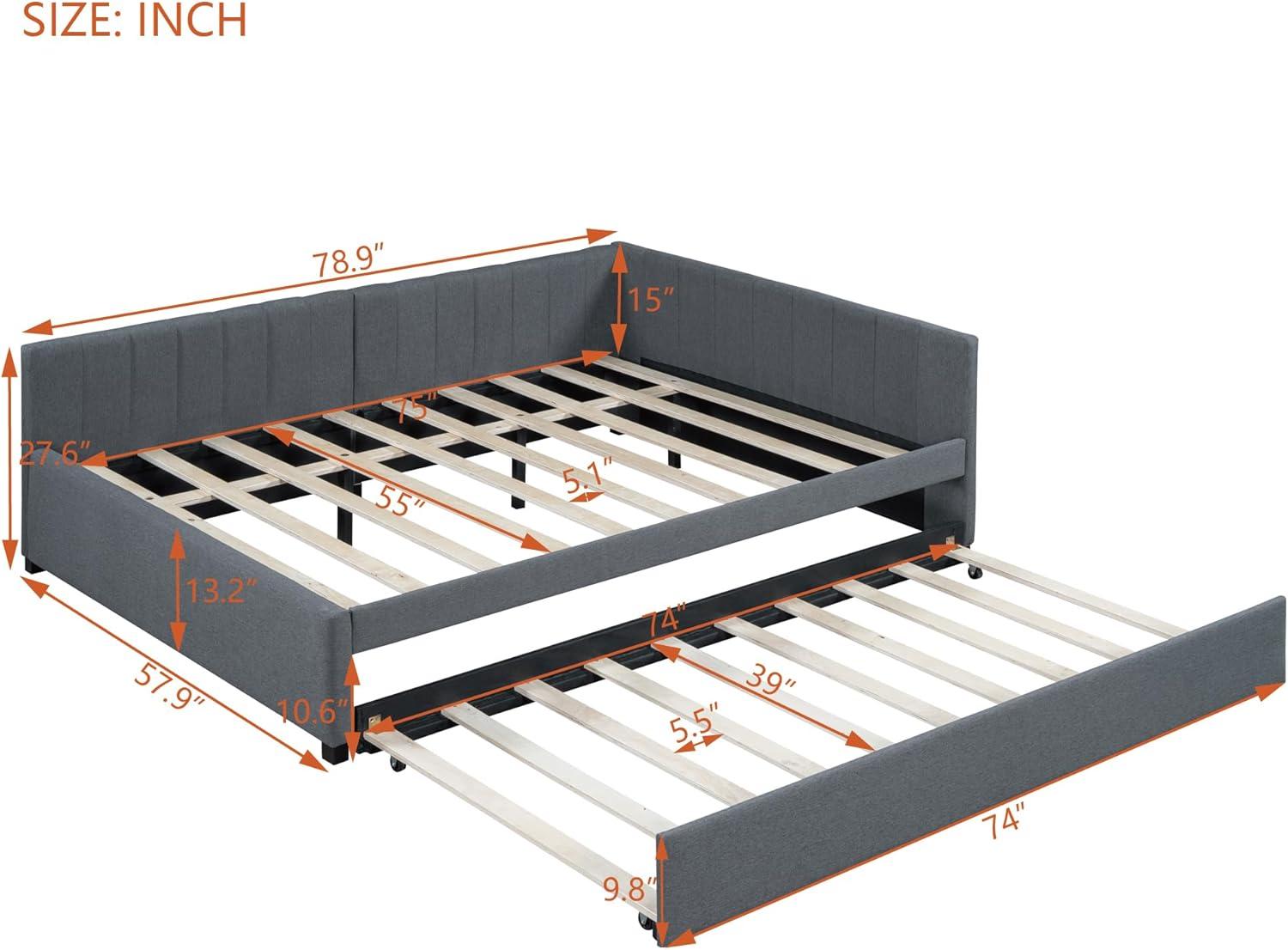 Linen Daybed, Full Solid Wood Daybed with Twin Size Trundle Bed, Bed Frame with Support of Slats, Maximize Space for Living Room, Bedroom and Guest Room, Gray