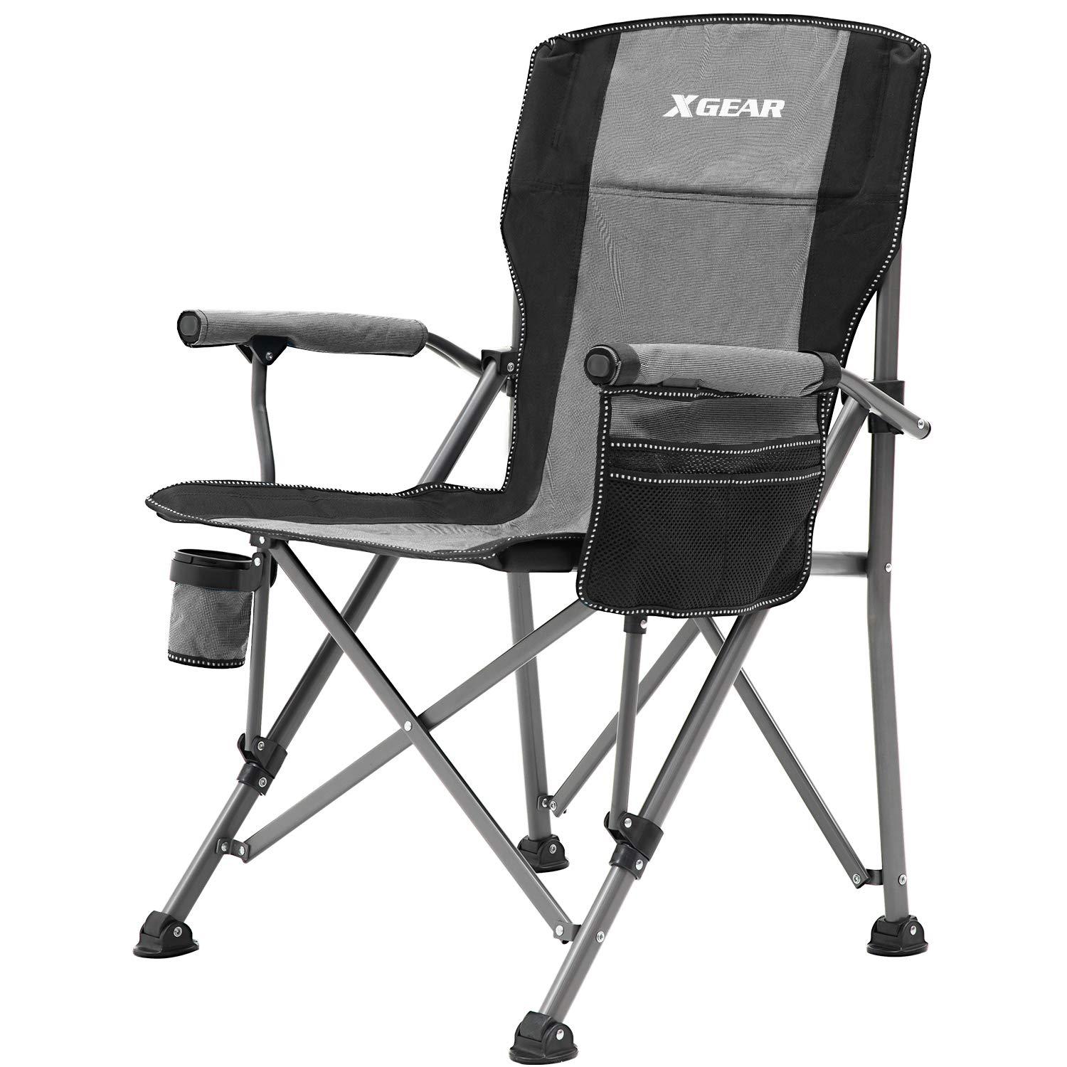 XGEAR Camping Chair Hard Arm High Back Lawn Chair Heavy Duty with Cup Holder, for Camp, Fishing, Hiking, Outdoor, Carry Bag Included