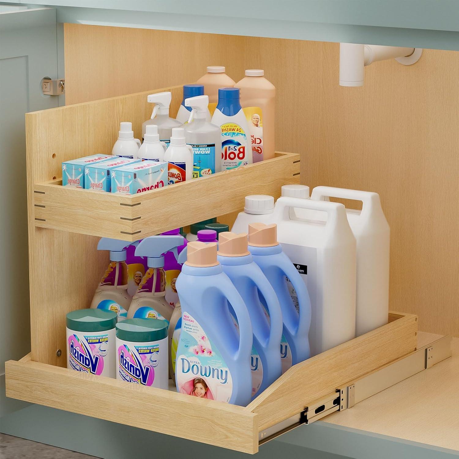 Under Sink Organizers , 2 Tier Pull Out Cabinet Organizer with Soft Close, Adjustable Multi-Purpose Under Sink Organizer(Left)