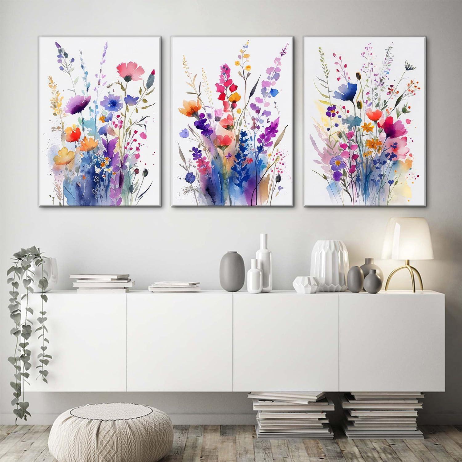 JRXY 3 Pcs Framed Watercolor Floral Botanical Canvas Wall Art Colorful Wildflower Plant Paintings Prints Posters 12x16 in