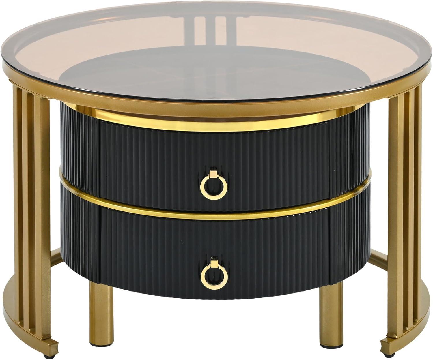 Modern Round Nesting Coffee Table Fluted with Drawer Multiple End Tables Utility Table Telephone Table for Living Room Office Bedroom Balcony, White & Gold