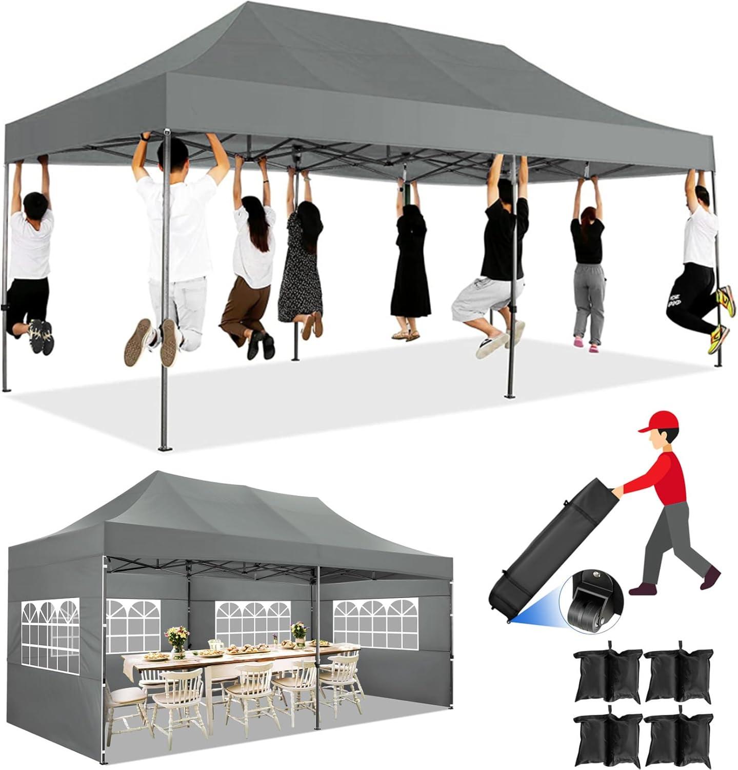 COBIZI 10x20 Heavy Duty Pop up Canopy Tent with 6 sidewalls Easy Up Commercial Outdoor Wedding Party Tents for Parties All Season Wind & Waterproof Gazebo Roller Bag,White(Frame Thickened)