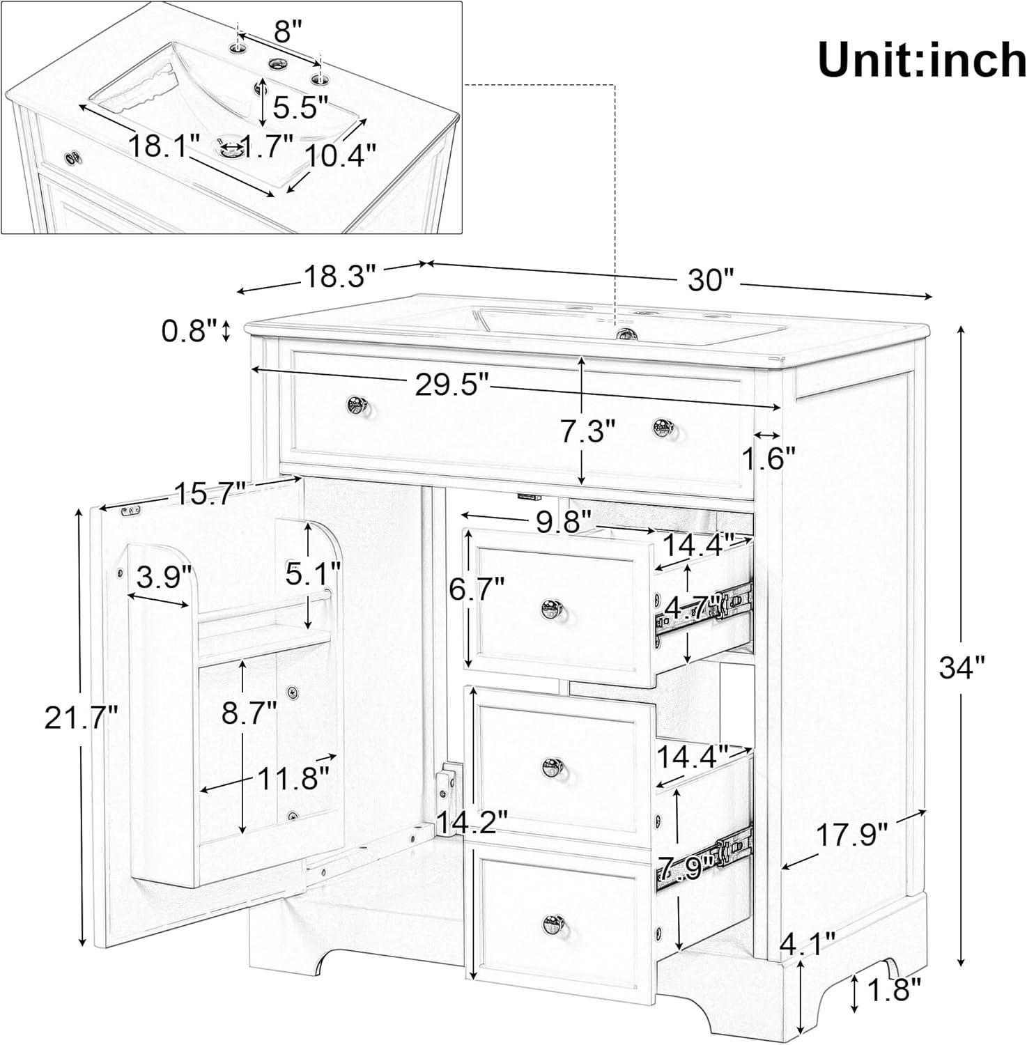 White 30" Solid Wood Bathroom Vanity with Ceramic Sink