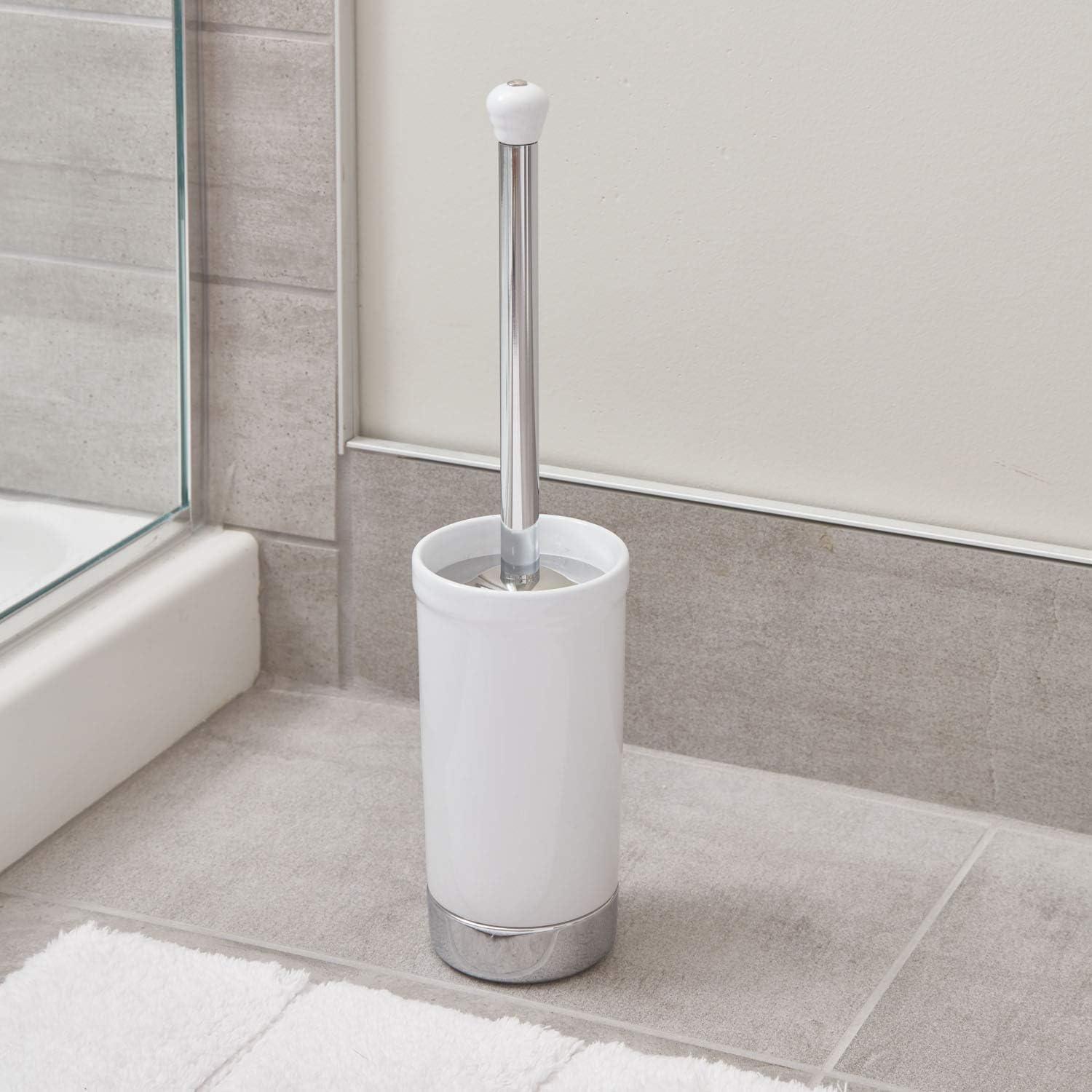 White and Chrome Ceramic Toilet Brush Holder Set