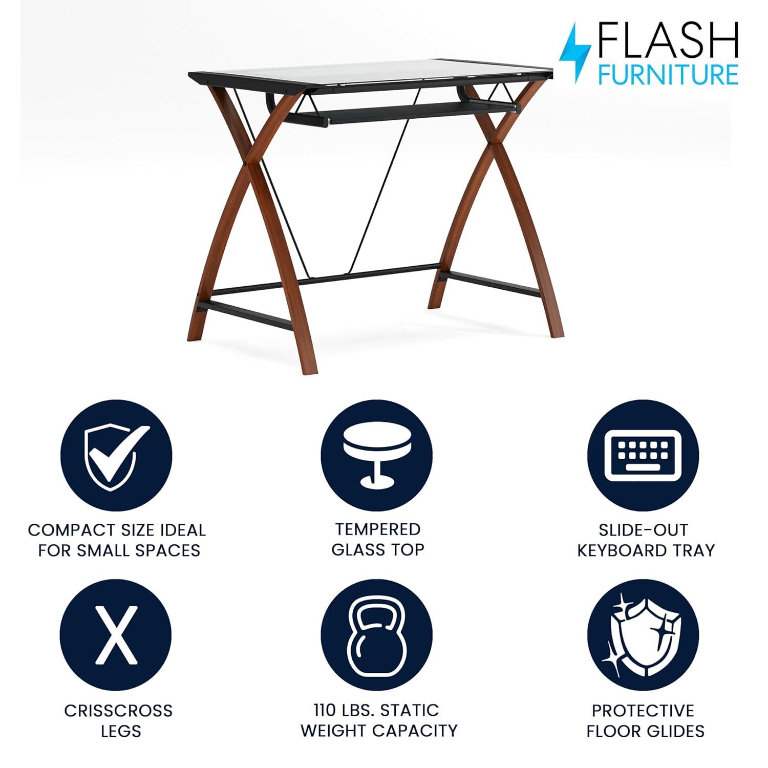 Flash Furniture Jude Tempered Glass Computer Desk with Pull-Out Keyboard Tray, Cherry/Clear