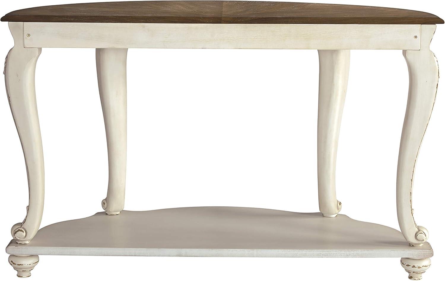 Realyn Demilune Sofa Table with Storage in Distressed White/Brown