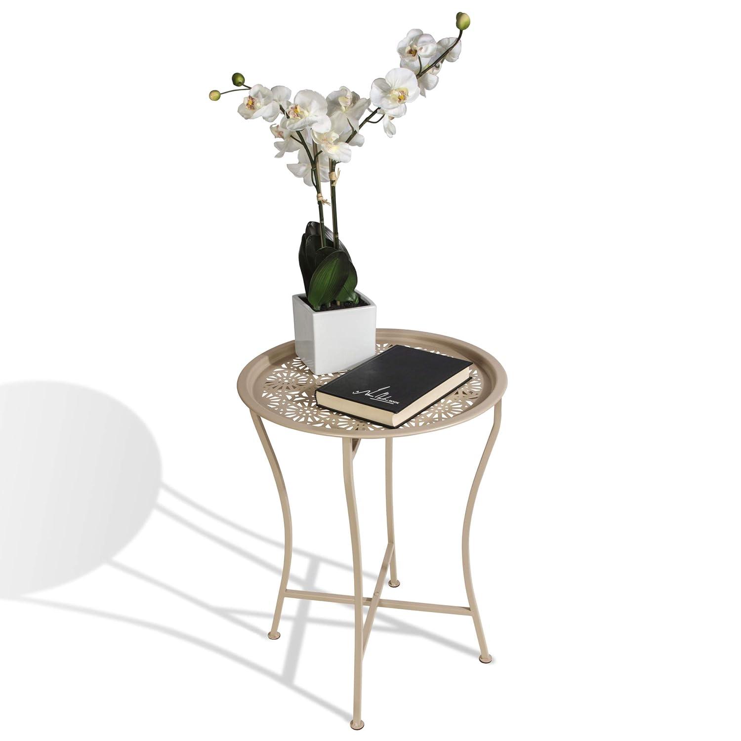 Atlantic Daisy Metal Indoor Outdoor Folding Side Table, Snack, or TV Tray, 23.63" H, Stone