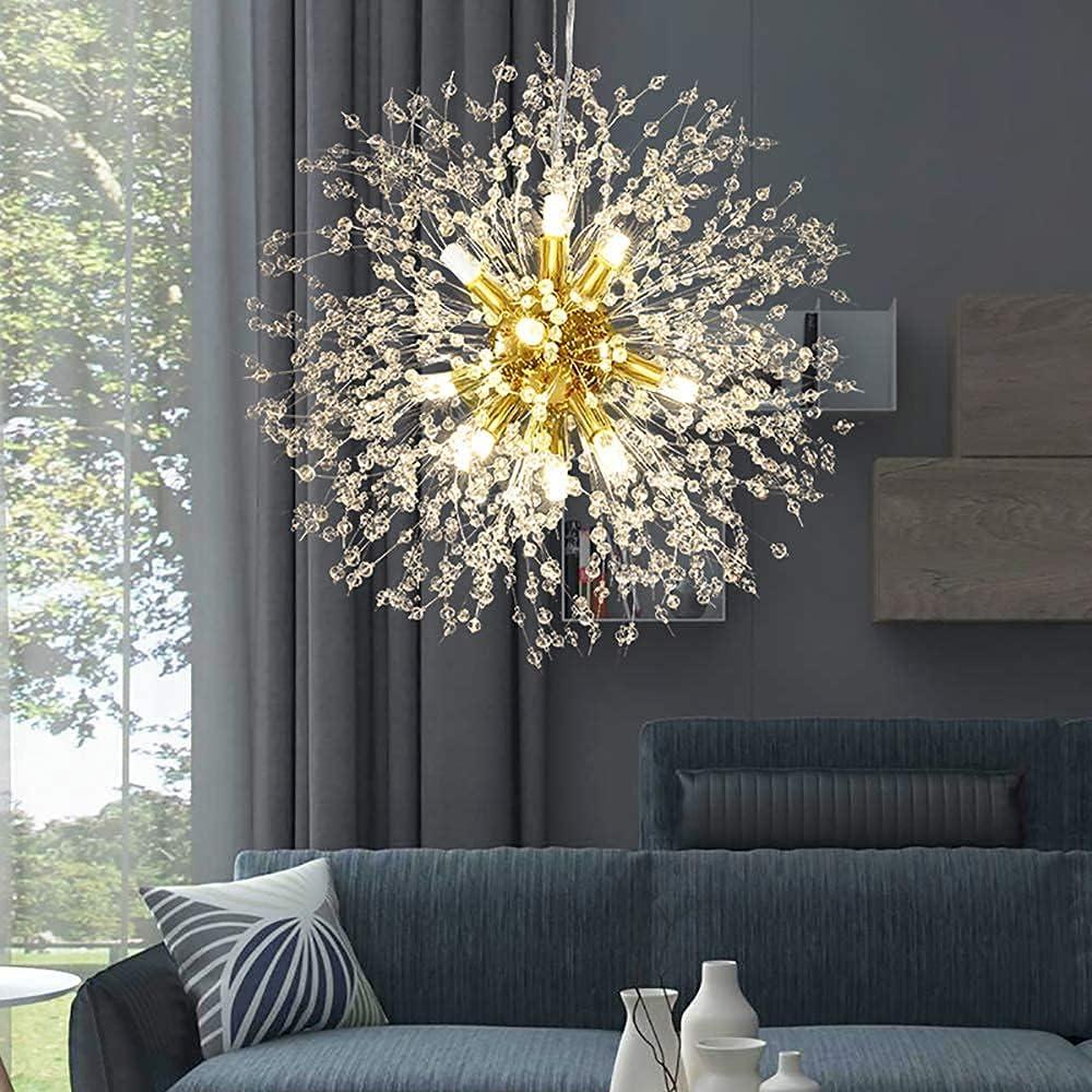 Mercer41 Modern Gold Crystal Chandelier With 12-Light Firework Design, Adjustable Dandelion Pendant Lighting For Dining Room, Living Room, Bedroom, Kitchen, And Hallway