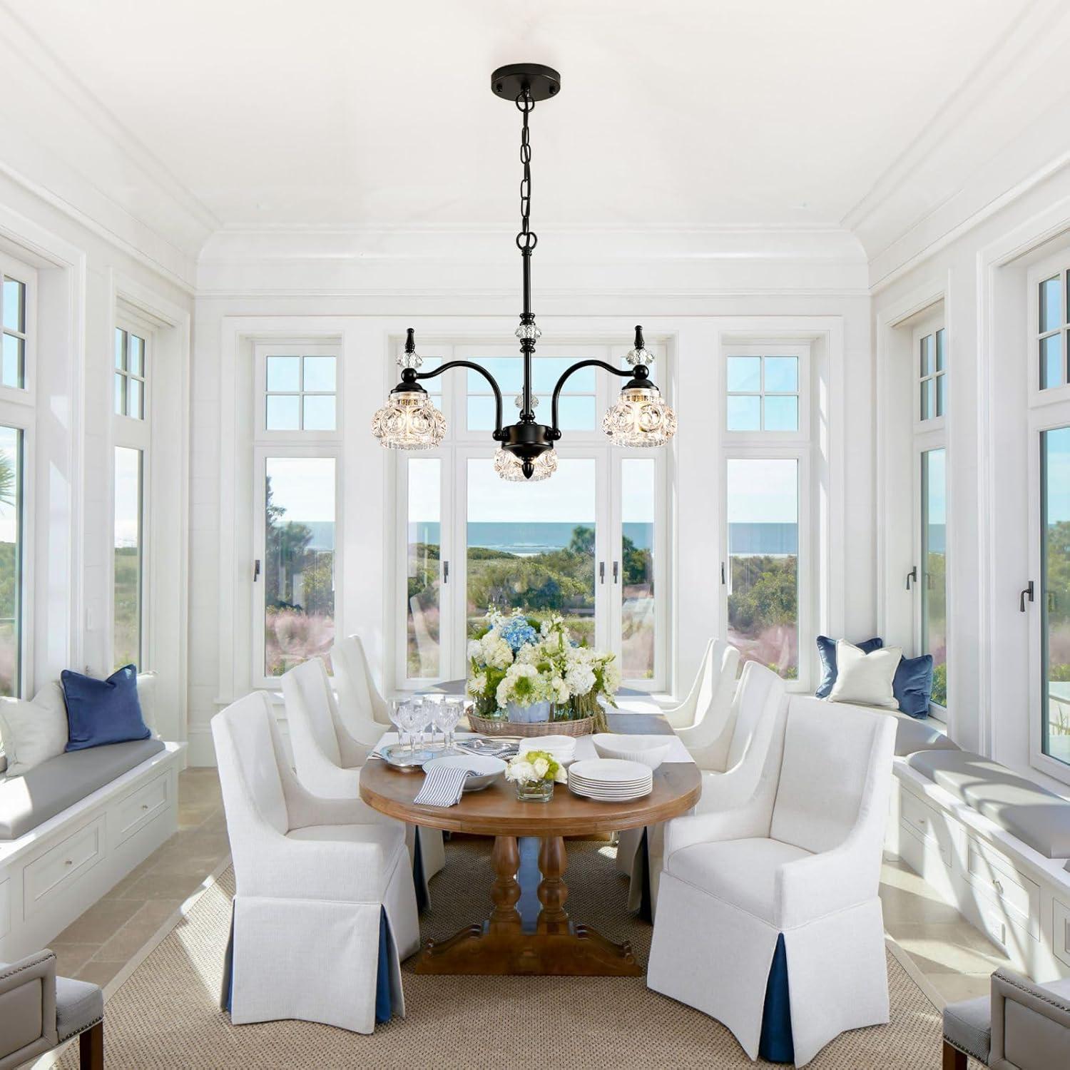 Black Chandelier, 3-Light Crystal Chandeliers for Dining Room, Farmhouse Dining Room Light Fixture, Dining Room Light Fixtures Over Table, Modern Hanging Pendant Lights for Bedroom, Kitchen Island