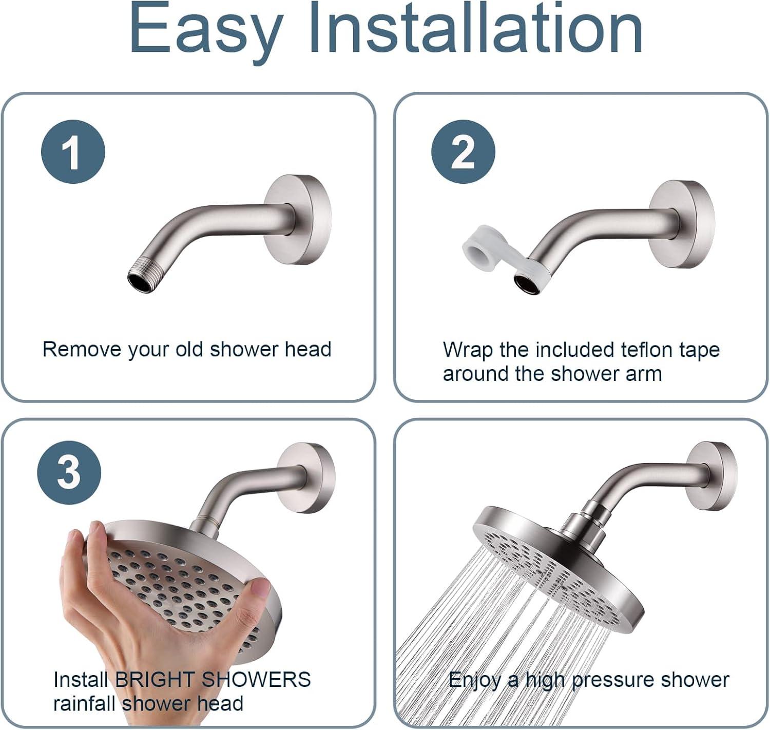 BRIGHT SHOWERS High Pressure Shower Head, 6 Inch Rain Shower Head, 2 Spray Settings Rainfall Shower Heads, Adjustable Angle Replacement Bathroom Showerhead, Easy Installation Brushed Nickel