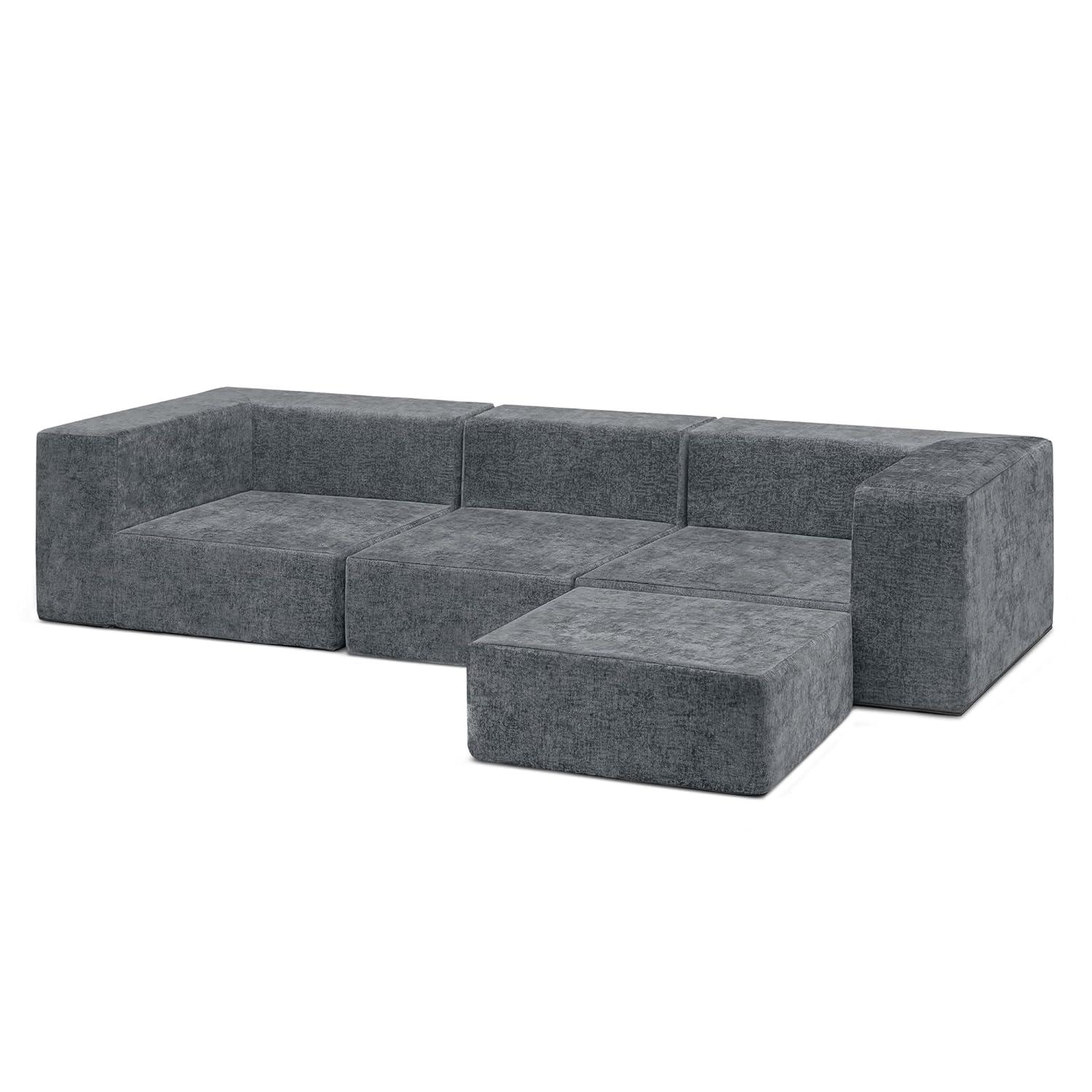 Gray Fabric Four-Piece Sectional Sofa with Ottoman