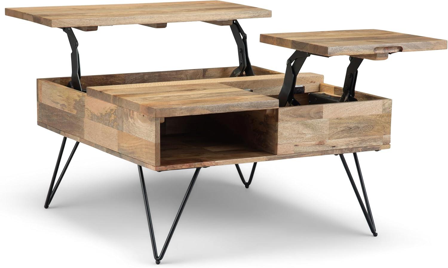 Simpli Home Hunter SOLID MANGO WOOD and Metal 32 inch Wide Square Industrial Lift Top Coffee Table in Natural