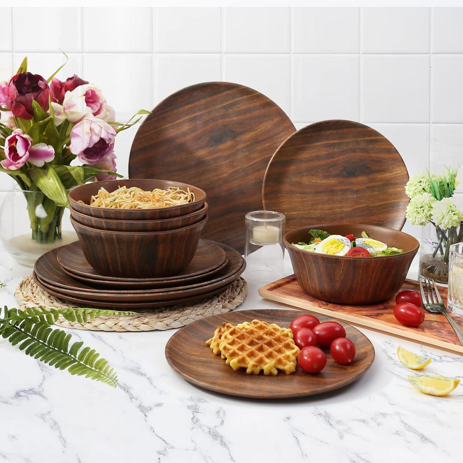 TP 8.5" Melamine Dinner Plates, 6-Piece Plate Set Unbreakable Serving Dishes, Dishwasher Safe, Rosewood Grain