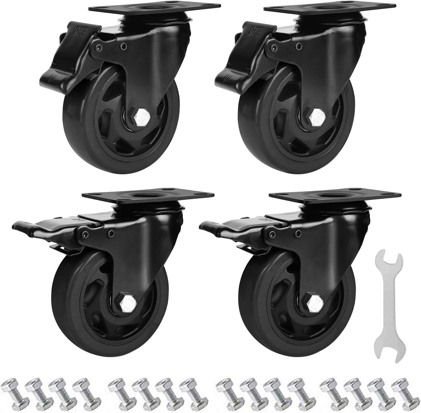 Heavy Duty 4-Inch Black PVC Swivel Caster Wheels with Brakes