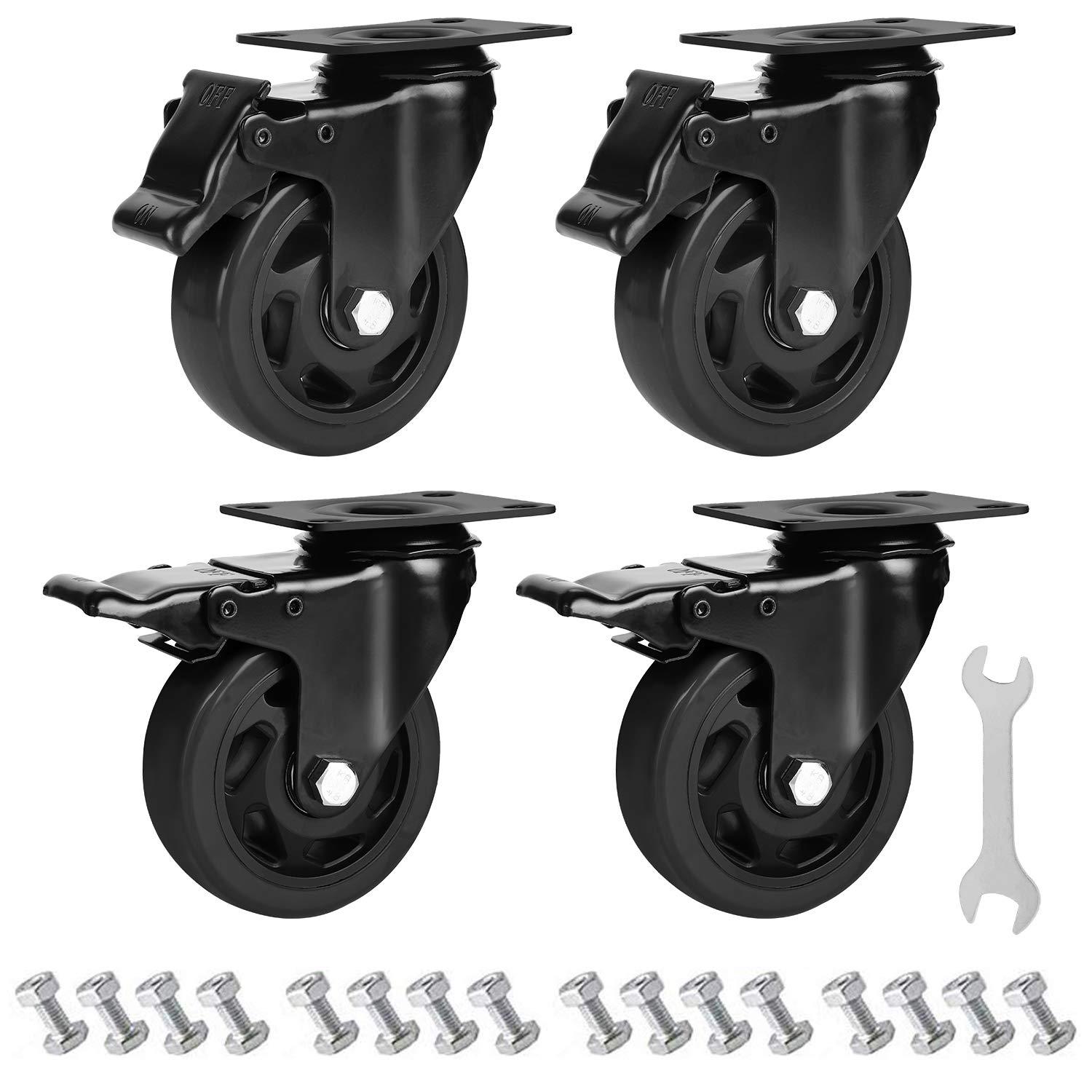 Heavy Duty 4-Inch Black PVC Swivel Caster Wheels with Brakes