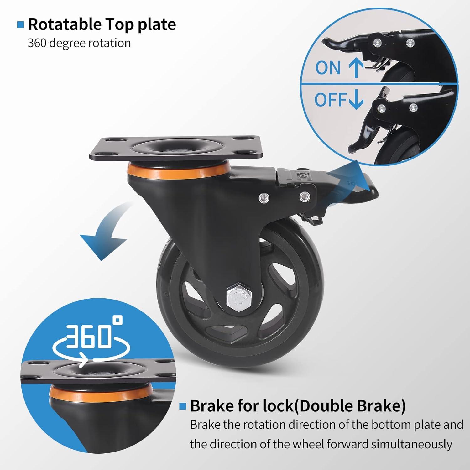 5 Inch Caster Wheels 2400Lbs, Castors Set of 4, Heavy Duty Casters with Brake, Safety Dual Locking Industrial Casters, No Noise Wheels with Polyurethane Foam (Two Hardware Kits Included)