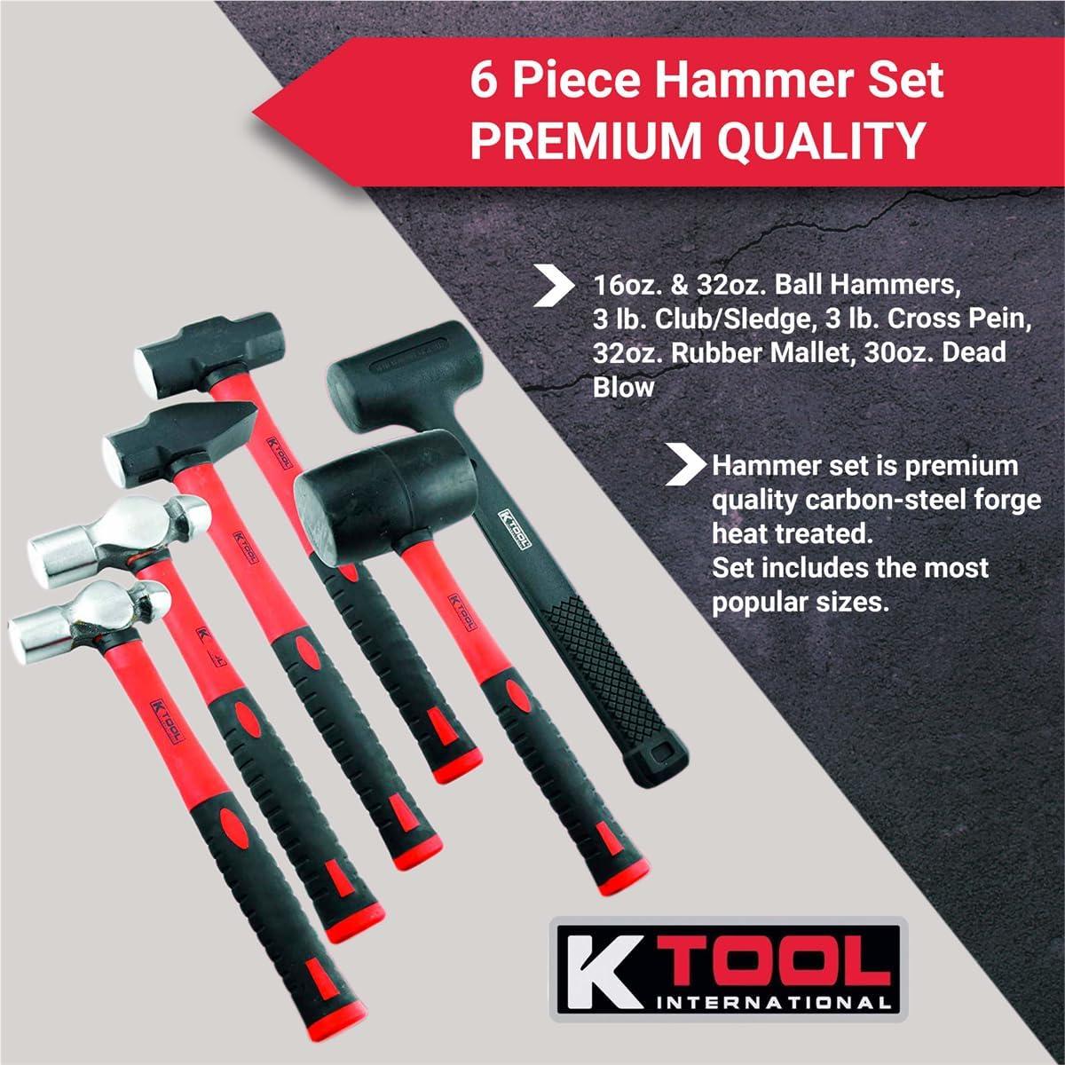 K-Tool LK18120501 6pc Hammer Set | 16oz. & 32oz. Ball Hammers