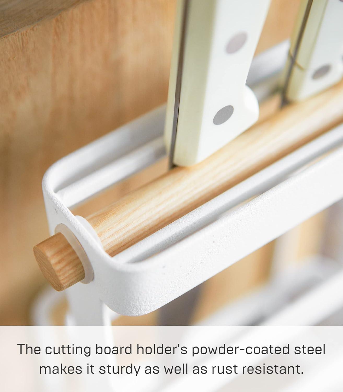 White Steel and Wood Countertop Knife and Cutting Board Organizer