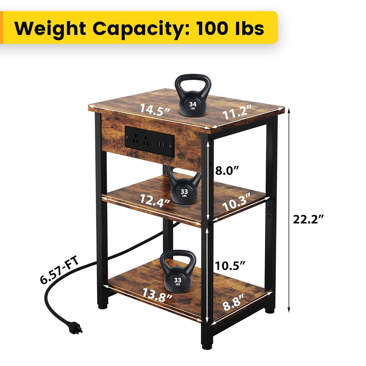 End Tables Set of 2 with Charging Station USB Ports, 3 Tier Tall Night Stand with Storage Shelves, Record Player Stand Narrow Side Table for Small Space Living Room Bedroom Office, Rustic Brown