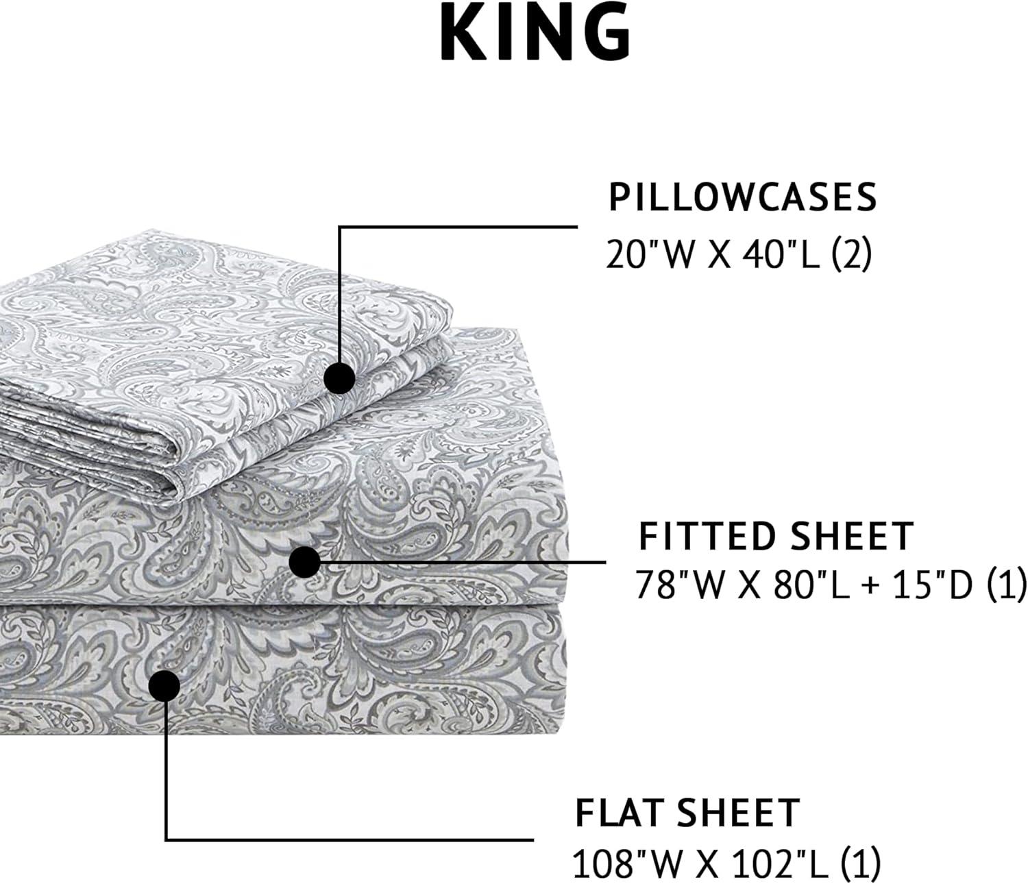 Comfort Spaces 100% Cotton King Sheet Set4-Pieces Gray Paisley Lightweight Breathable All Season Cozy Sheet Set